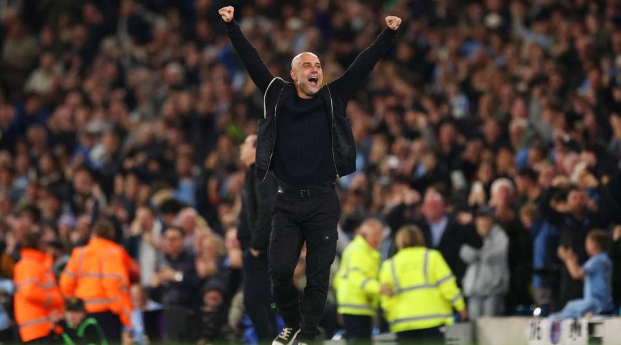 بِب جوارديولا يفيض فرحًا بعد هدف مانشستر سيتي المتأخر ضد أستون فيلا في المباراة الحاسمة.